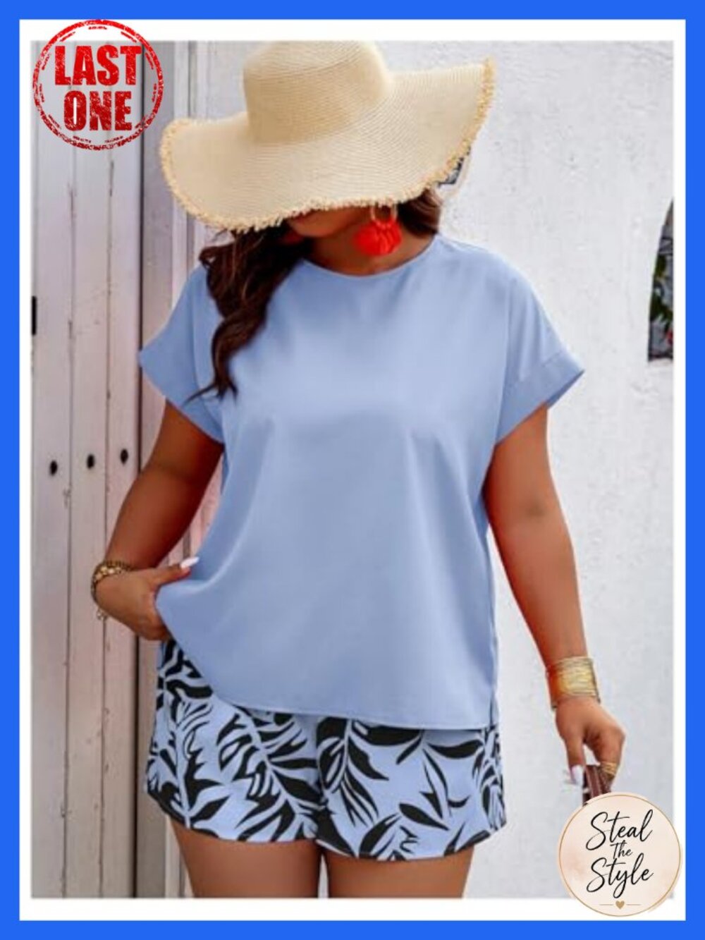 Plus Size 2 Piece Short Sleeve Blouse and Knot Front Shorts Set - Picture 3 of 4